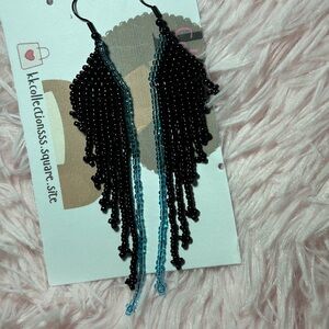 Black & Blue Beaded Fringe Earrings | Long Statement Fringe